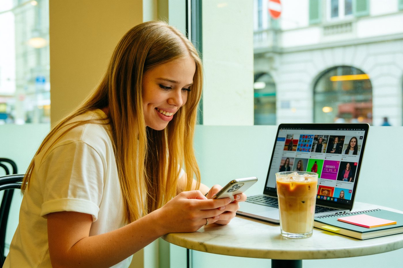 Eva arbeitet in einem Café an einem Contentplan